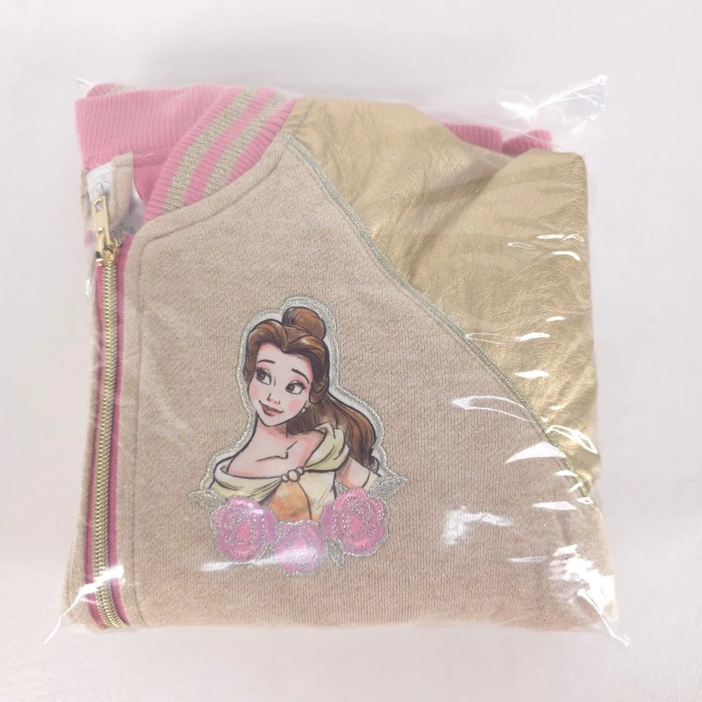 Disney Belle Gold Sleeve Bomber Jacket Girls 7/8 Floral Embroidery Princess Cute